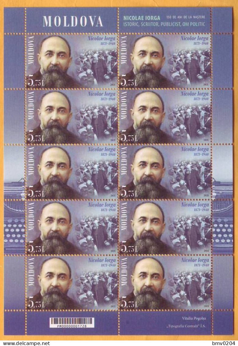 2021 Moldova Moldavie  Sheet 150  Nicolae Iorga - Politician, Writer, Public Figure, Romania  Mint - Moldawien (Moldau)