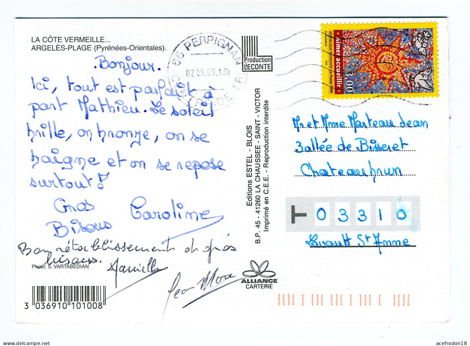 Cpm De Perpignan Pour Lavault-Sainte-Anne - Timbre 3.00 Aimer Accueillir 1999 - Gebruikt