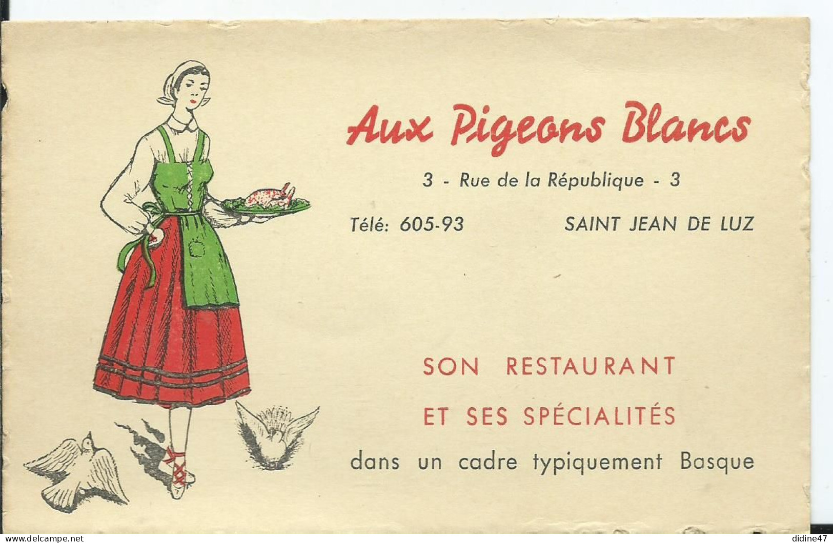 SAINT JEAN DE LUZ-  AUX PIGEONS BLANCS ( Carte Commerciale) - Saint Jean De Luz