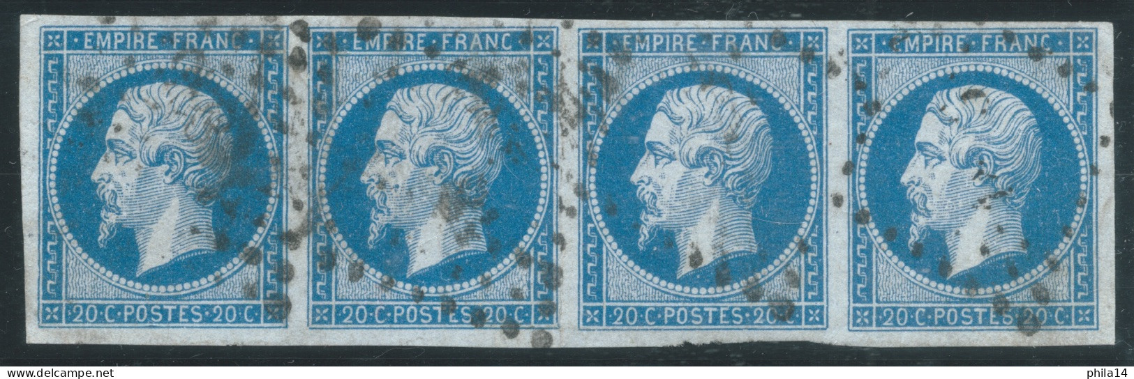 BANDE DE 4 N°14 20c BLEU SUR AZURE NAPOLEON TYPE 1 - 1853-1860 Napoléon III
