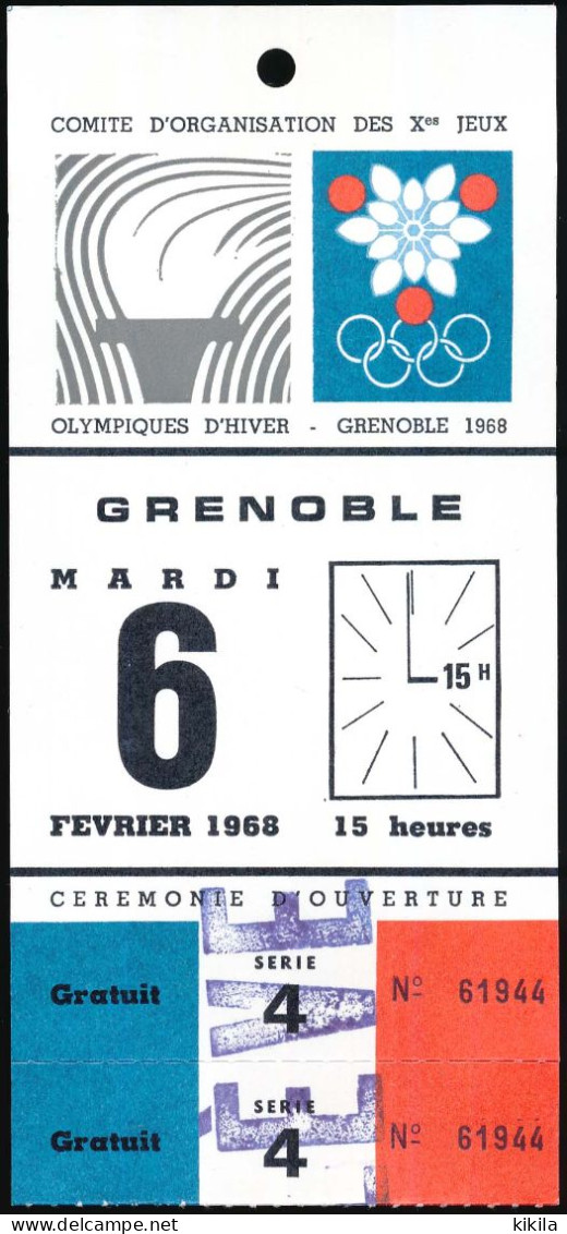 Billet Entrée 6-02-1968 Jeux Olympiques D'hiver GRENOBLE Olympic Games Winter 68 Cérémonie D'ouverture Gratuit élève - Tickets - Vouchers