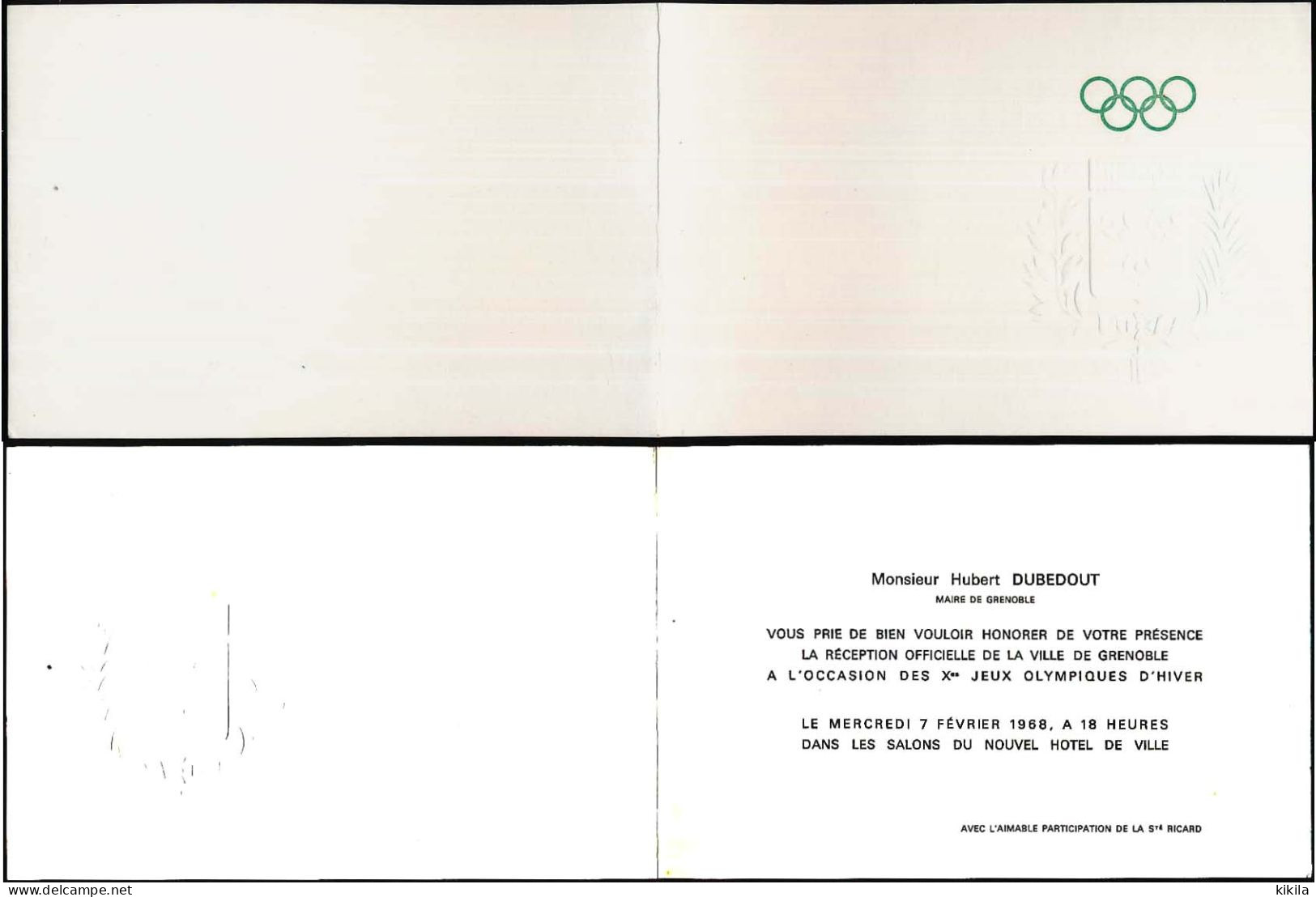 Carte Invitation D'Hubert Dubedout Réception Officielle Le 07-02-1968 X° Jeux Olympiques D'Hiver GRENOBLE 1968 - Autres & Non Classés