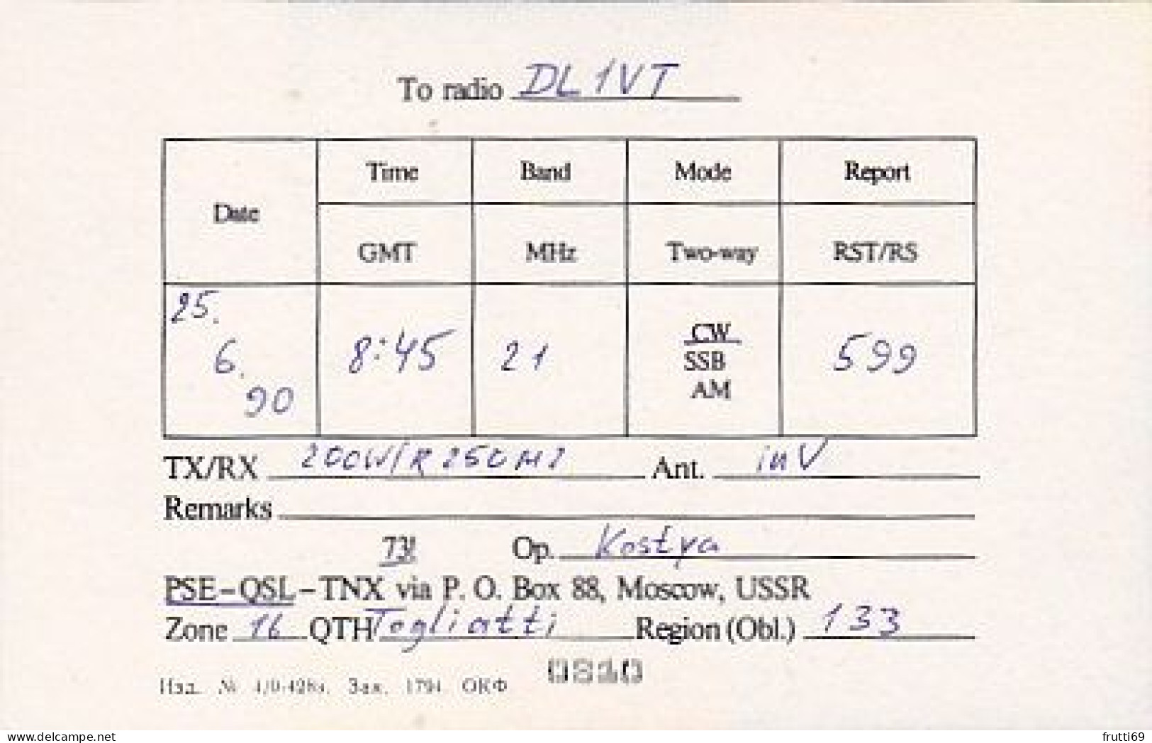 AK 210457 QSL - USSR - Togliatti - Radio Amateur