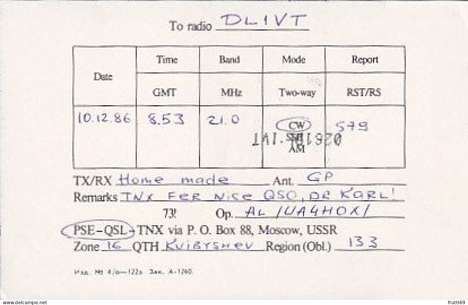 AK 210460 QSL - USSR - Kuibyshev - Radio