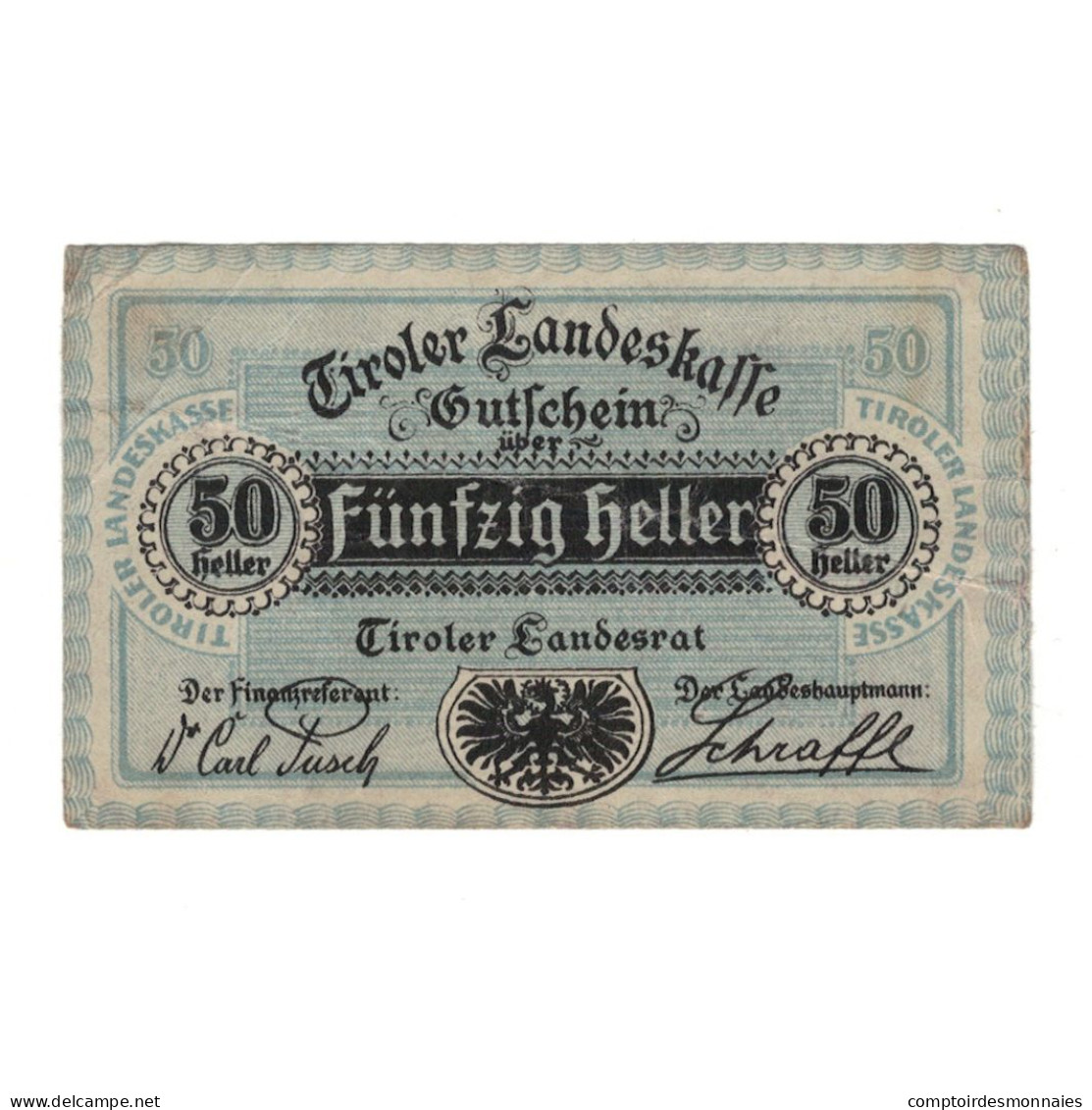 Billet, Autriche, Tiroler Landeskasse Tirol Land, 50 Heller, Texte, 1920 - Autriche