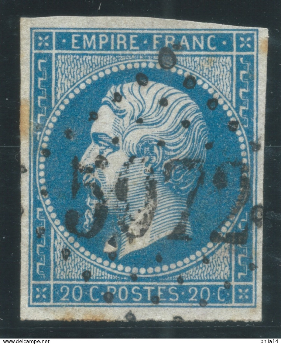 N°14 20c BLEU NAPOLEON TYPE 2 / GC 5072 TENEZ ALGERIE / 1 TROU D'EPINGLE - 1853-1860 Napoléon III