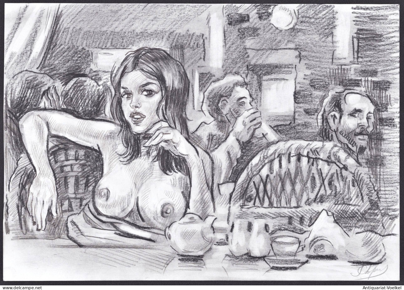 (Woman In A Bar / Frau Im Restaurant) - Akt / Aktzeichnung / Frau / Woman / Femme / Nude / Dessin - Estampes & Gravures