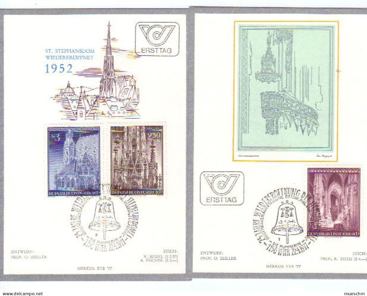 Österreich, 1977, Ersttag "25. Jahrestag D.Eröffng.d.Stephansd.", MiNr.1544-1546 Auf 2 Schmuckkartons Mit SStpl. (11308L - FDC