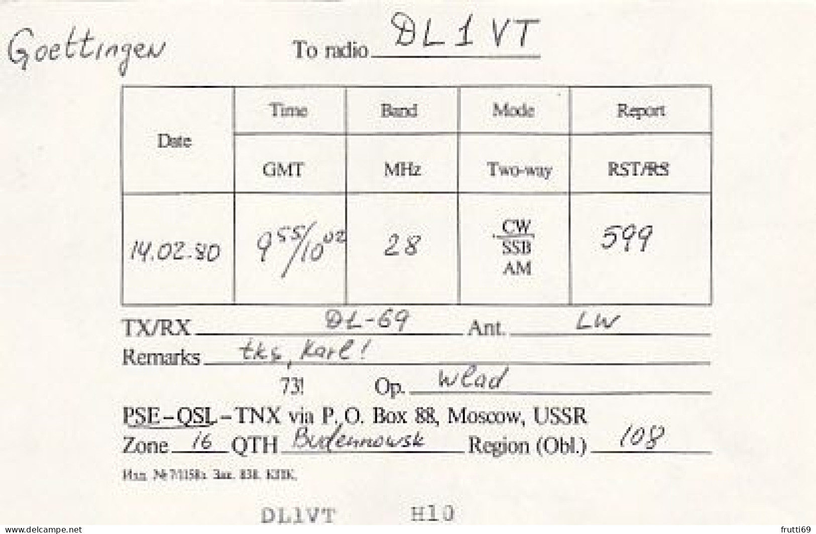 AK 210477 QSL - USSR - Budennovsk - Radio Amateur