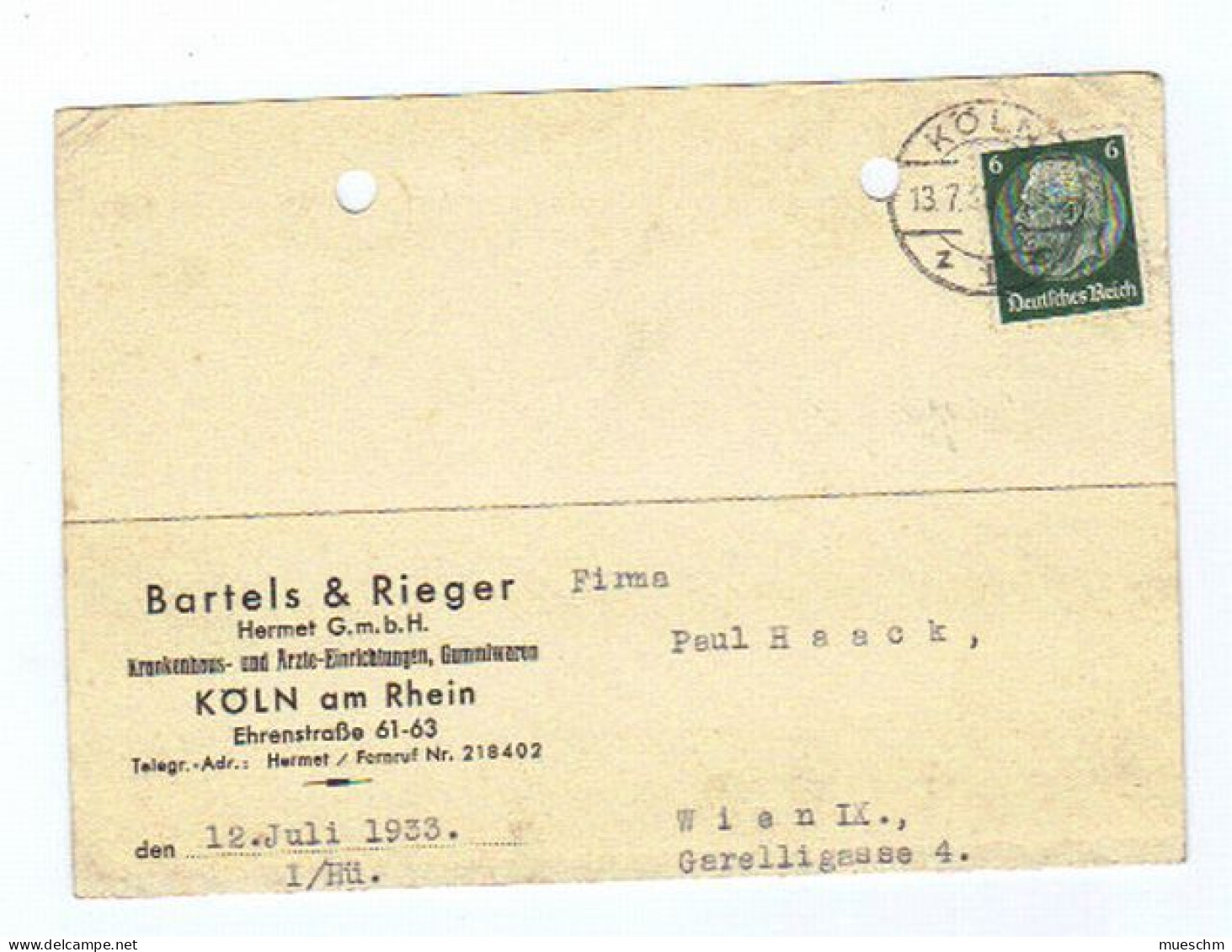 Deutschland, 1933, Geschäfts- Postkarte Frankiert Mit Hindenburg 6Pfg. (11345E) - Cartes Postales