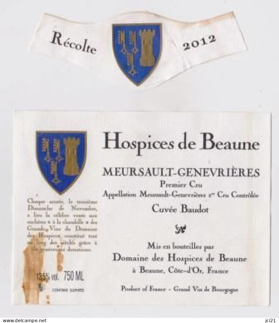 Etiquette Et Millésime HOSPICES DE BEAUNE " MEURSAULT GENEVRIERES 2012 " Cuvée Baudot (2922)_ev509 - Bourgogne