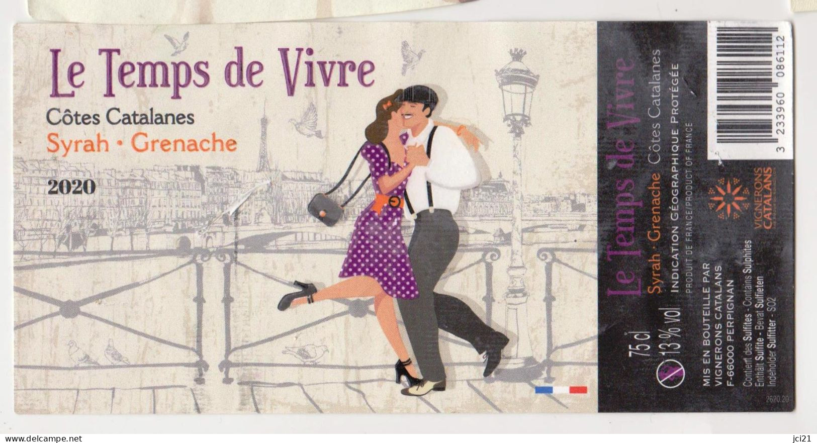 Etiquette En Relief Côtes Catalanes 2020 " Le Temps De Vivre " Pont Paris Tour Eiffel Lampadaire Danse Java (664)_ev790 - Dance