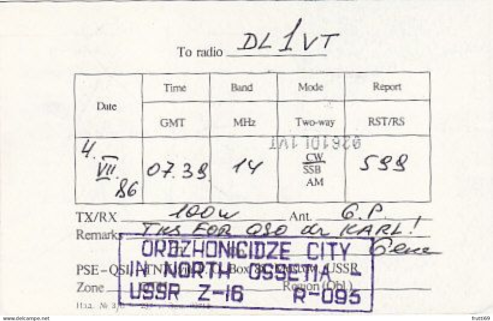 AK 210490 QSL - USSR - North Ossetia - Ordzhonicidze City - Radio Amateur