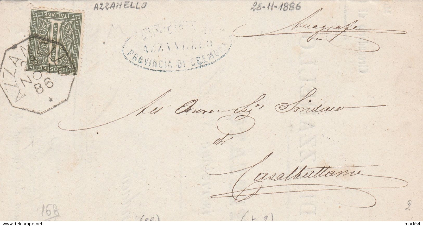 E 327 Azzanello (Cremona) Ottagonale Del 1886 - Storia Postale