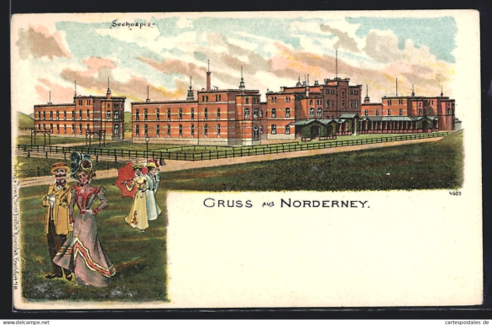 Lithographie Norderney, Hotel Seehospiz Mit Anlagen  - Norderney