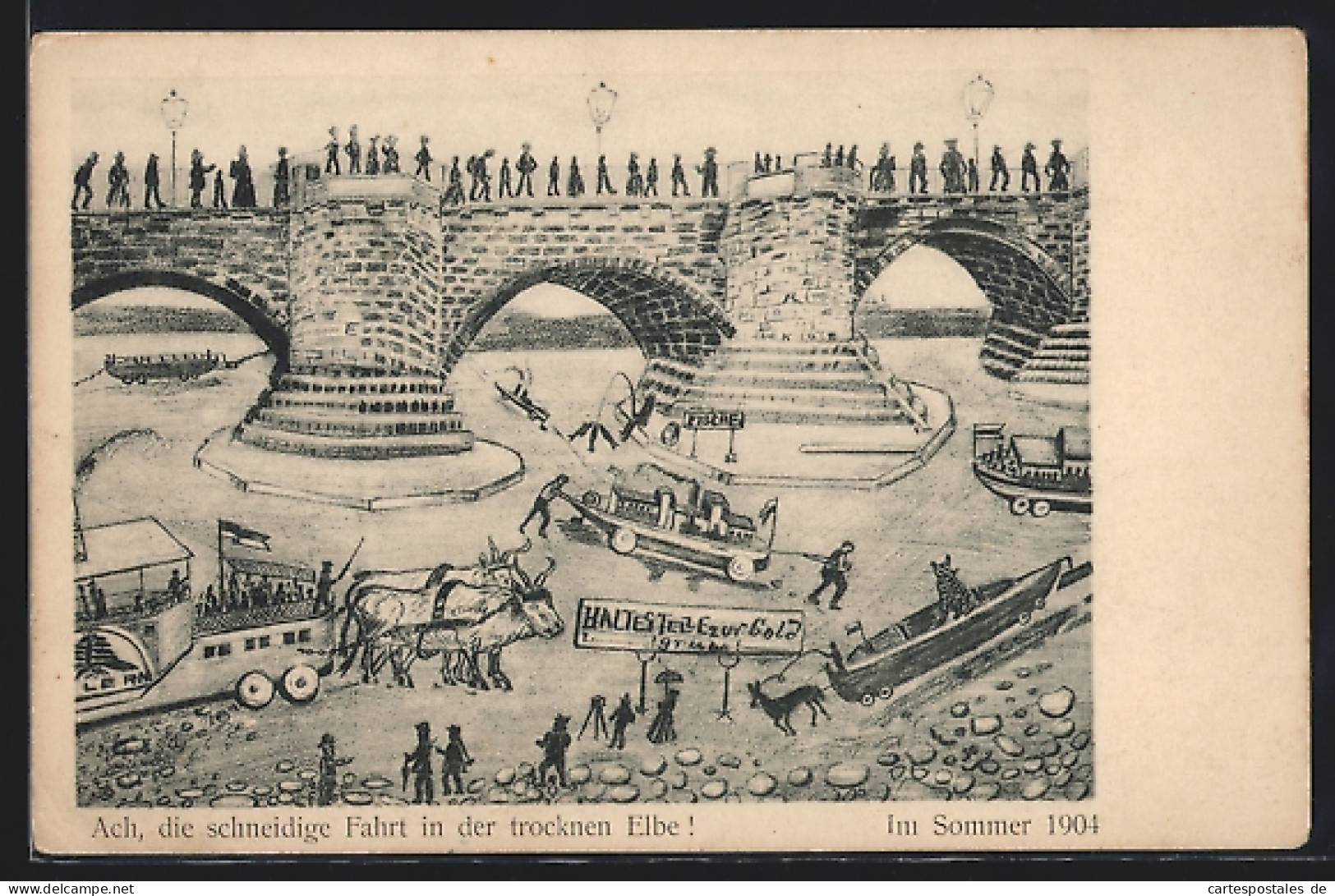 AK Dresden-Neustadt, Ach Die Schneidige Fahrt In Der Trockenen Elbe!, Ausgustusbrücke Bei Niederigwasserstand 1904  - Inondations