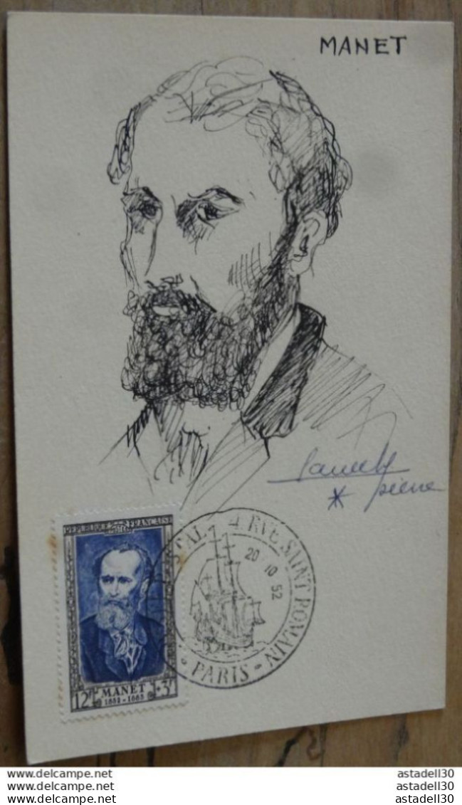 Carte  Avec Dessin Personnalisé A La Main, Musée Postal St Romain Paris, Manet 1952,  .........BOITE1......... 363 - Brieven En Documenten