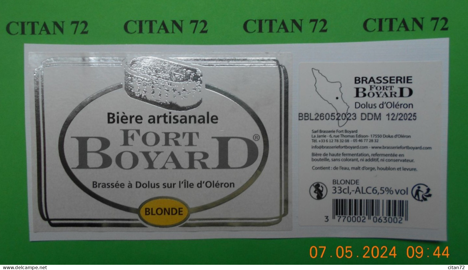 1  ETIQUETTE  De  BIERE   BRASSERIE   FORT  BOYARD   BLONDE    17550  DOLUS D' OLERON   33 CL - Bier