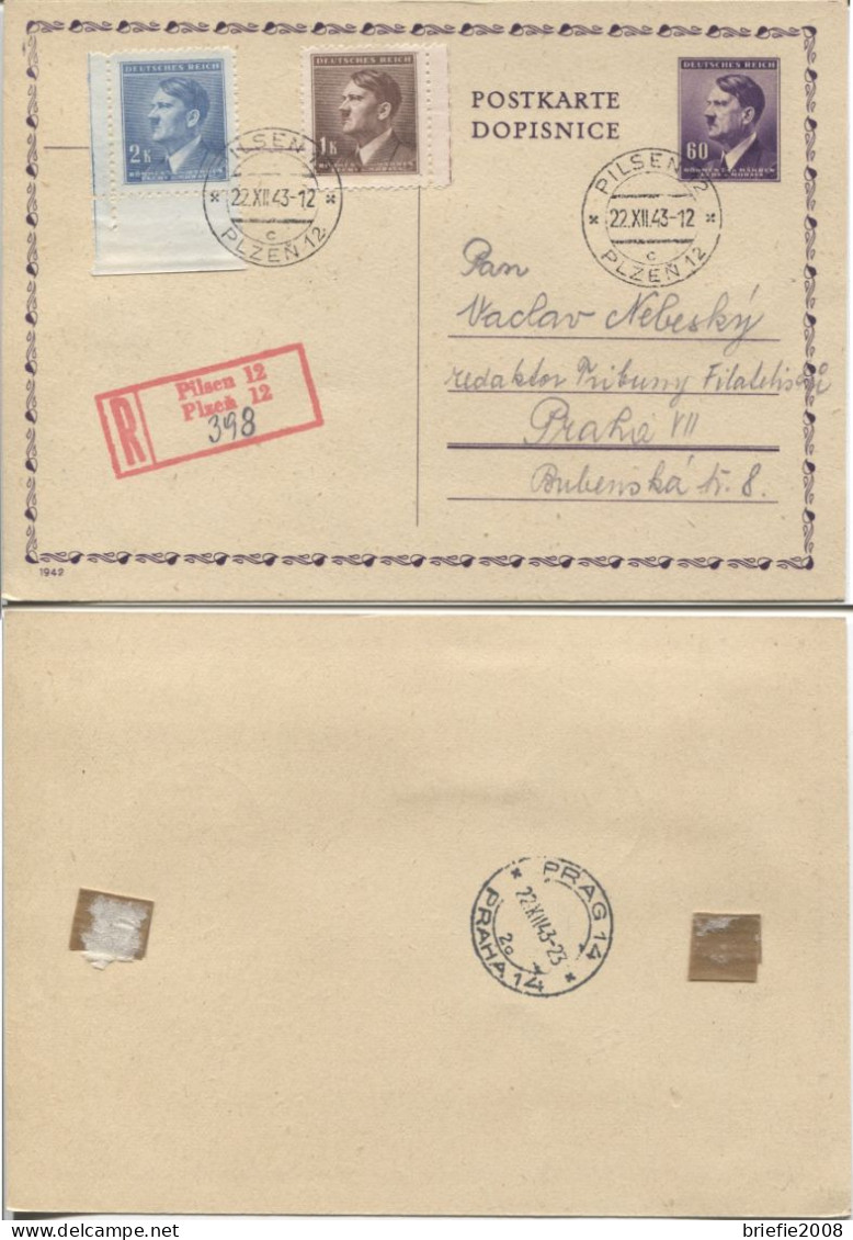 Böhmen Und Mähren Provisorischer Einschreibestempel Pilsen 12, 22.12.43 - Covers & Documents