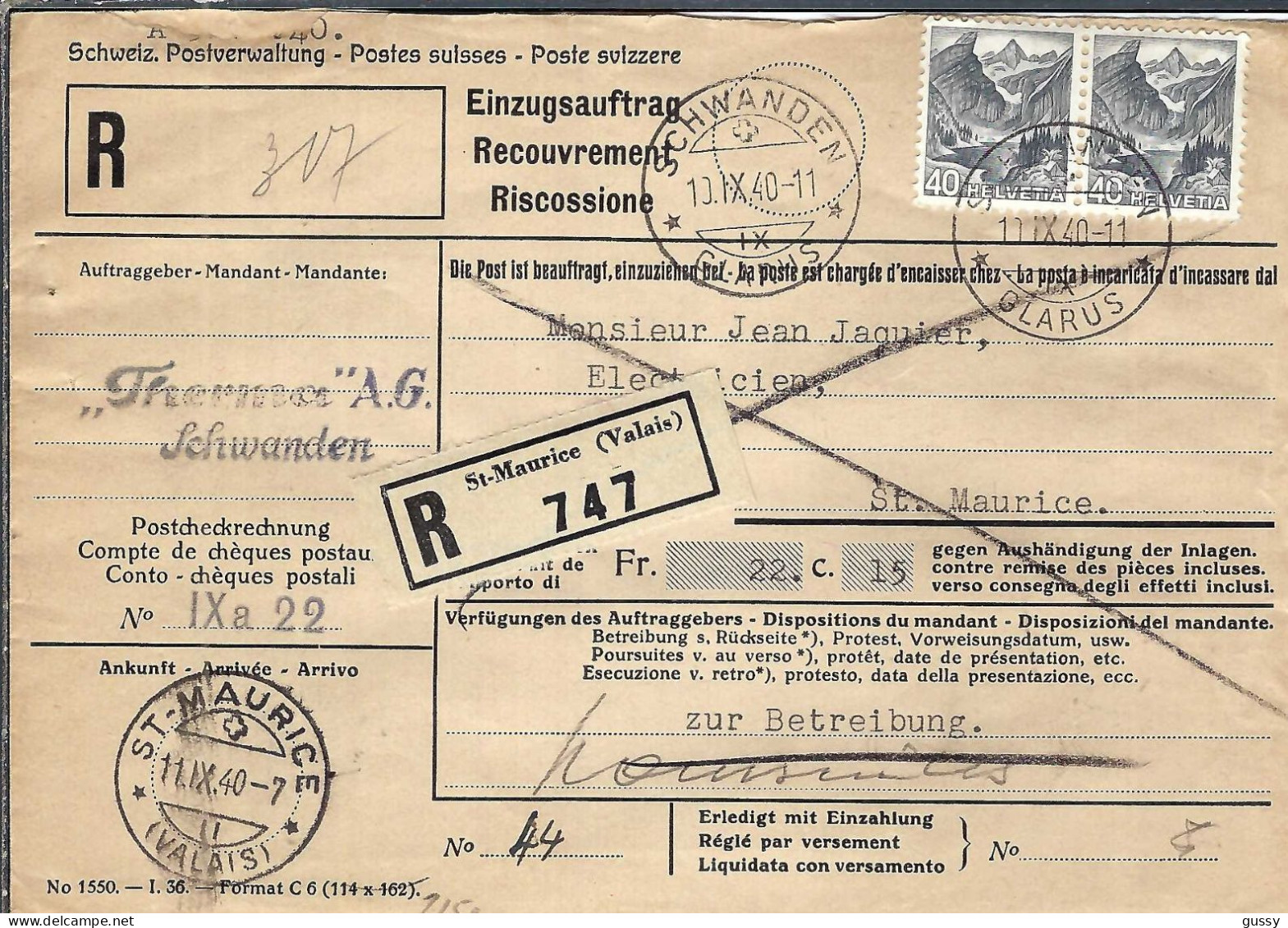 SUISSE 1940: LAC Contre-remboursement De Schwanden Pour St Maurice - Lettres & Documents