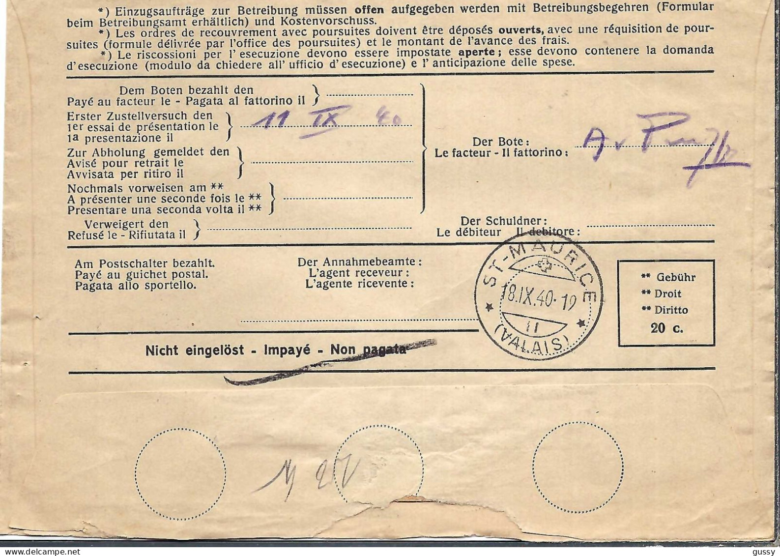 SUISSE 1940: LAC Contre-remboursement De Schwanden Pour St Maurice - Lettres & Documents