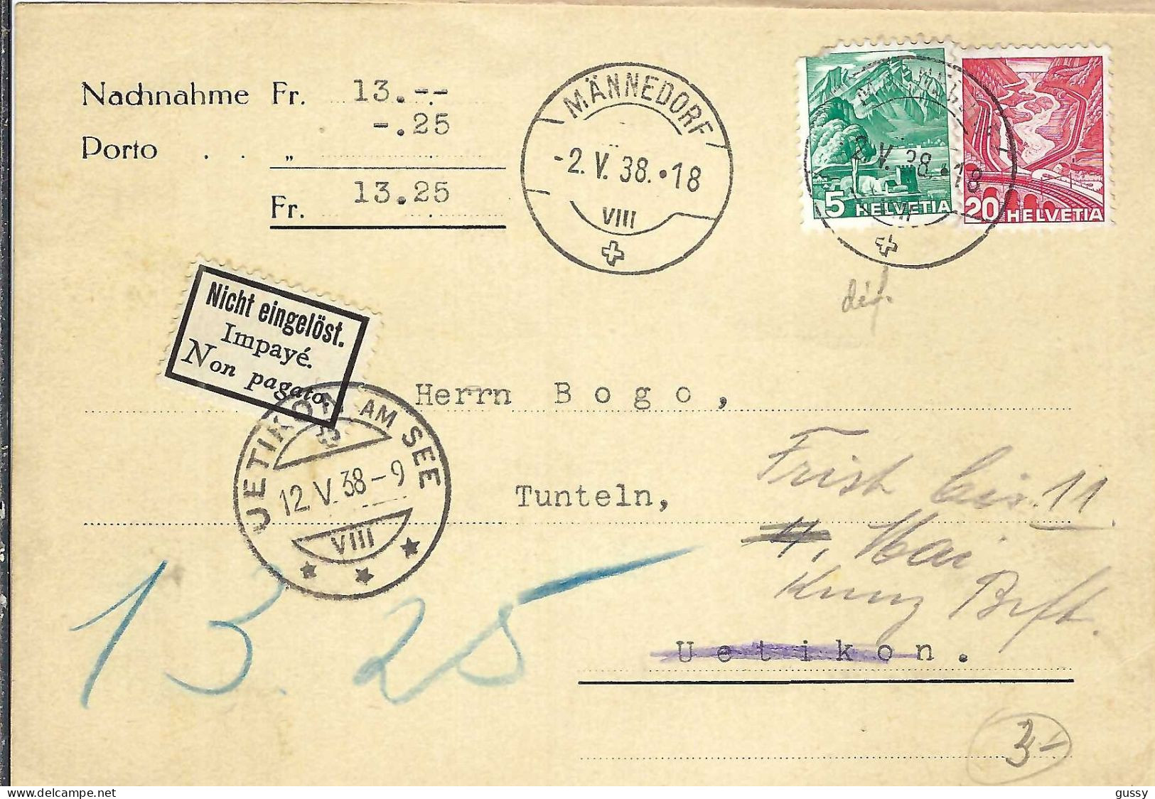 SUISSE 1938: CP Contre-remboursement De Männedorf Pour Uetikon - Cartas & Documentos