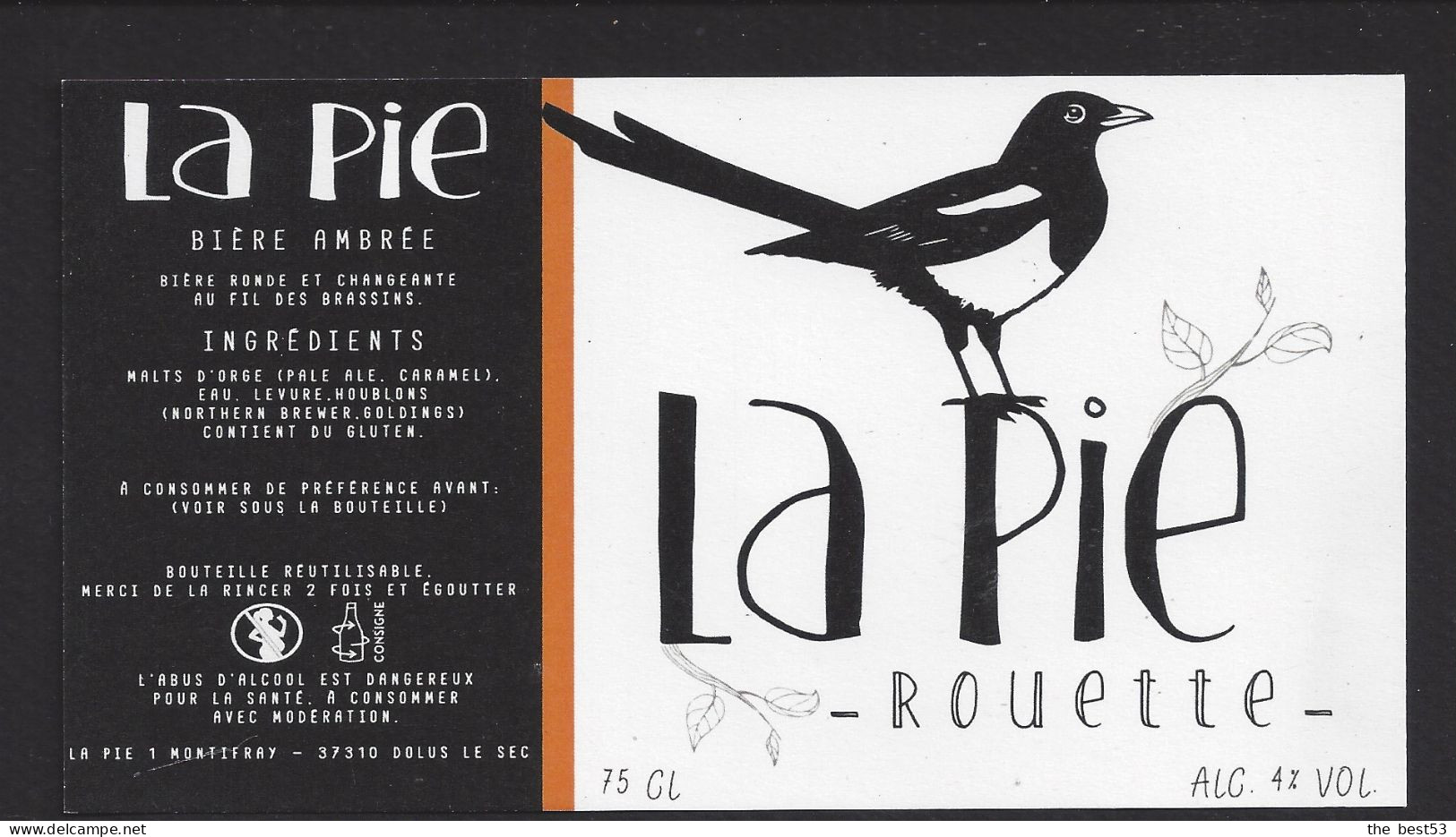 Etiquette De Bière Ambrée  - La Pie Rouette  -   Brasserie La Pie  à  Dolus Le Sec  (37) - Beer