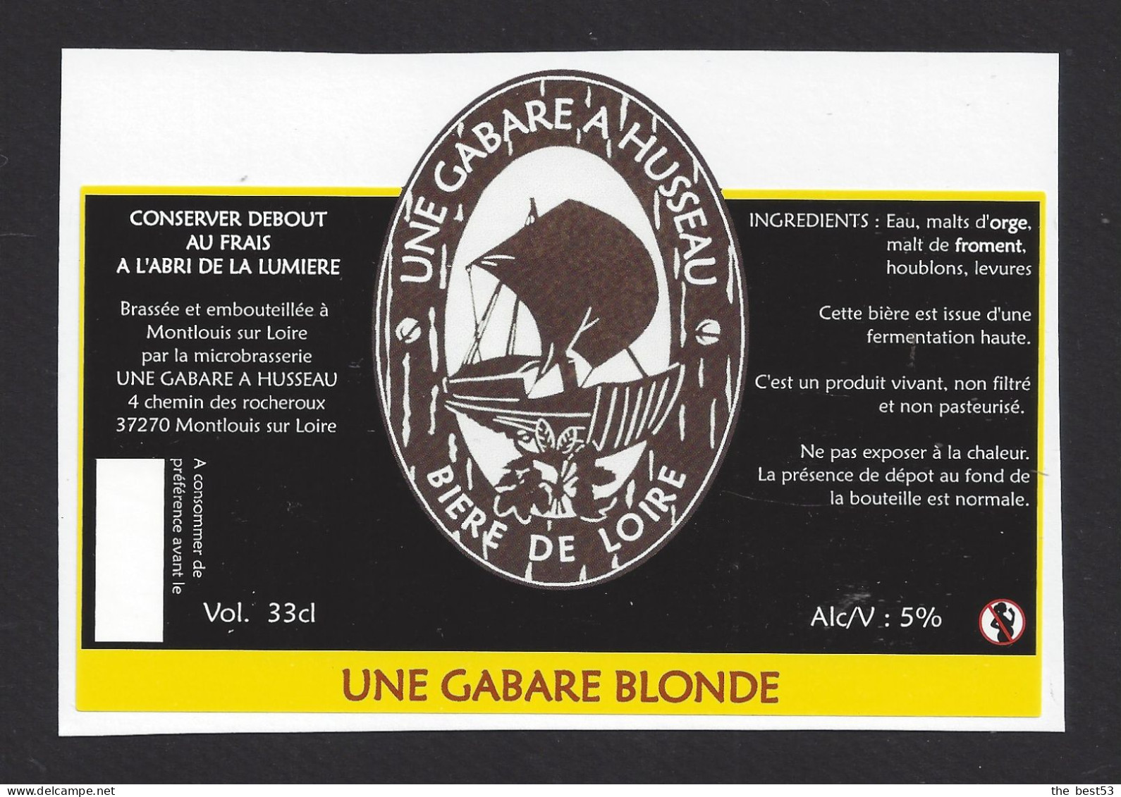 Etiquette De Bière Blonde  -   Brasserie Une Gabare à Husseau  à  Montlouis Sur Loire (37) - Cerveza