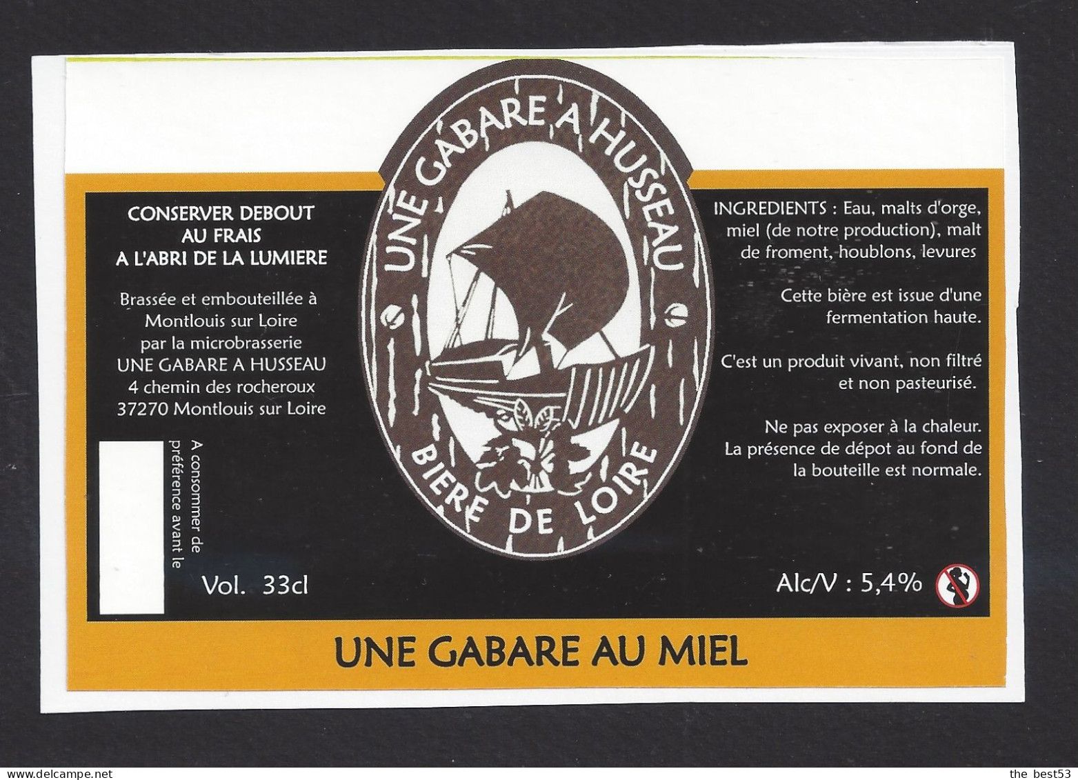 Etiquette De Bière Au Miel  -   Brasserie Une Gabare à Husseau  à  Montlouis Sur Loire (37) - Birra