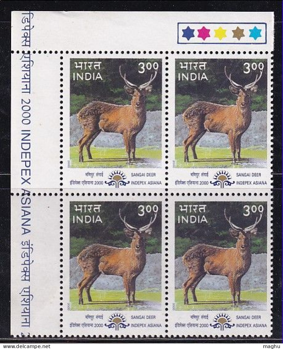 T/L Block Of 4, India MNH 2000,  Indepex Asiana, 3.00 Sangai Deer, Animal, (cond., Creased ) - Blocks & Sheetlets