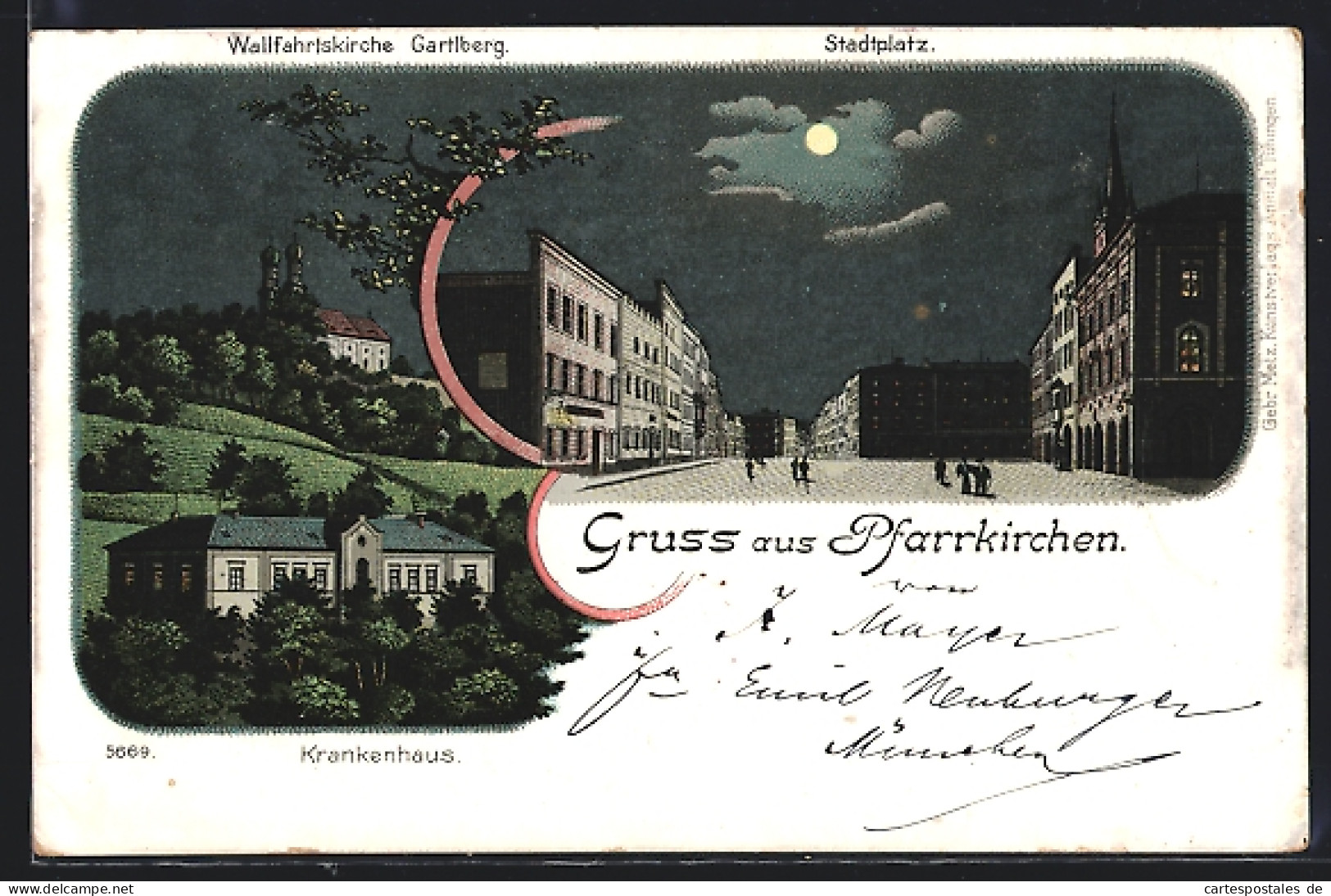 Lithographie Pfarrkirchen, Wallfahrtskirche Gartlberg, Krankenhaus, Stadtplatz  - Pfarrkirchen