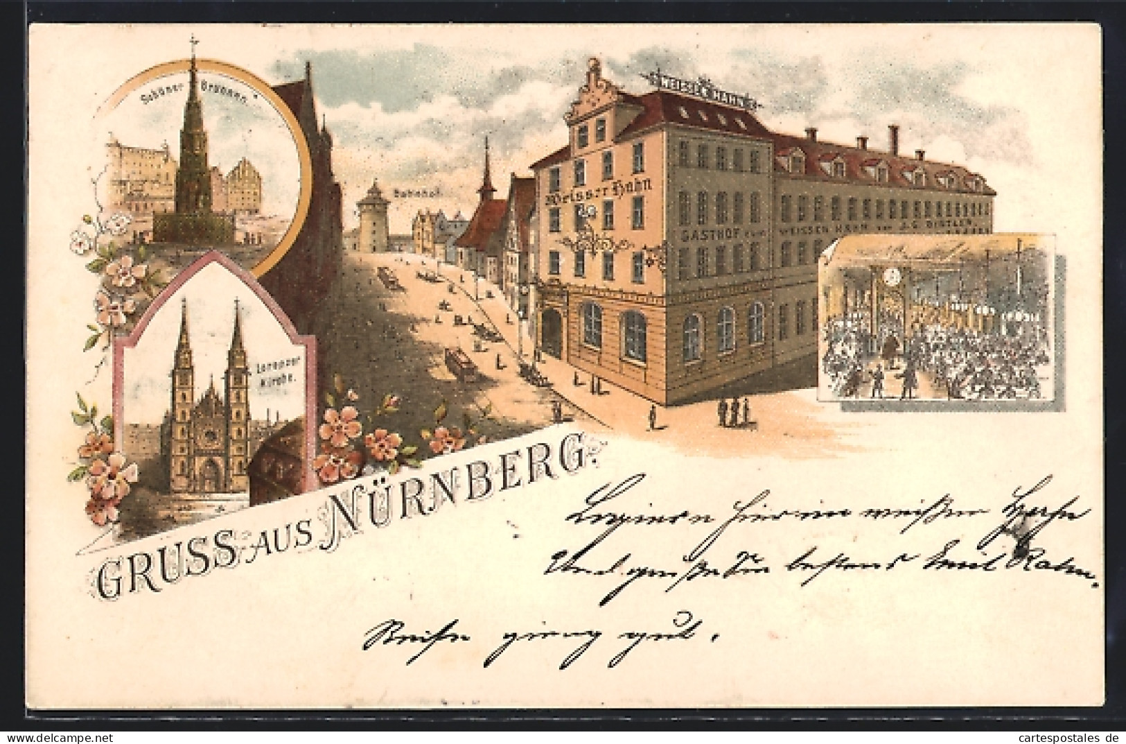 Lithographie Nürnberg, Strassenpartie Am Gasthaus Weisser Hahn, Lorenzer Kirche  - Nuernberg