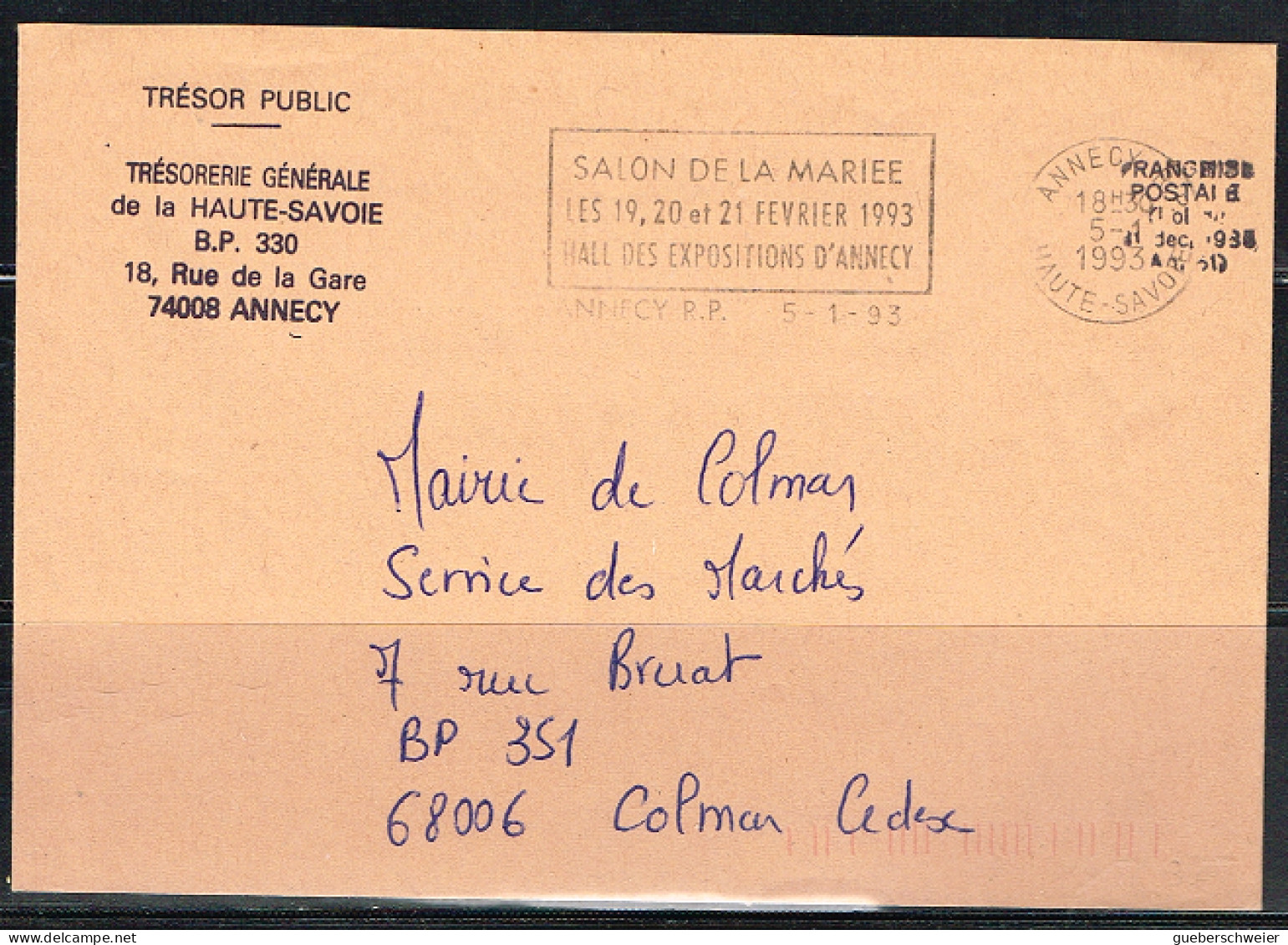 FEM-L6 - FRANCE Flamme Sur Lettre En Franchise Postale Salon De La Mariée Annecy 1993 - Oblitérations Mécaniques (flammes)