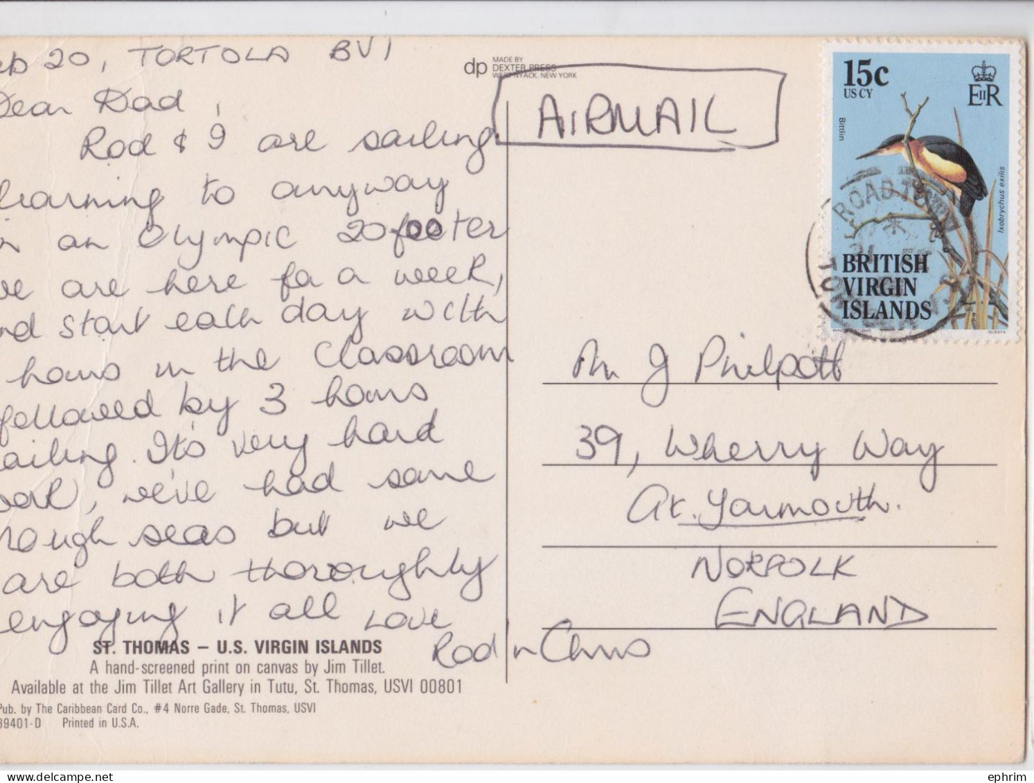 Îles Vierges Britanniques British Virgin Islands Carte Postale Timbre Oiseau Héron Stamp Air Mail Postcard - Britse Maagdeneilanden
