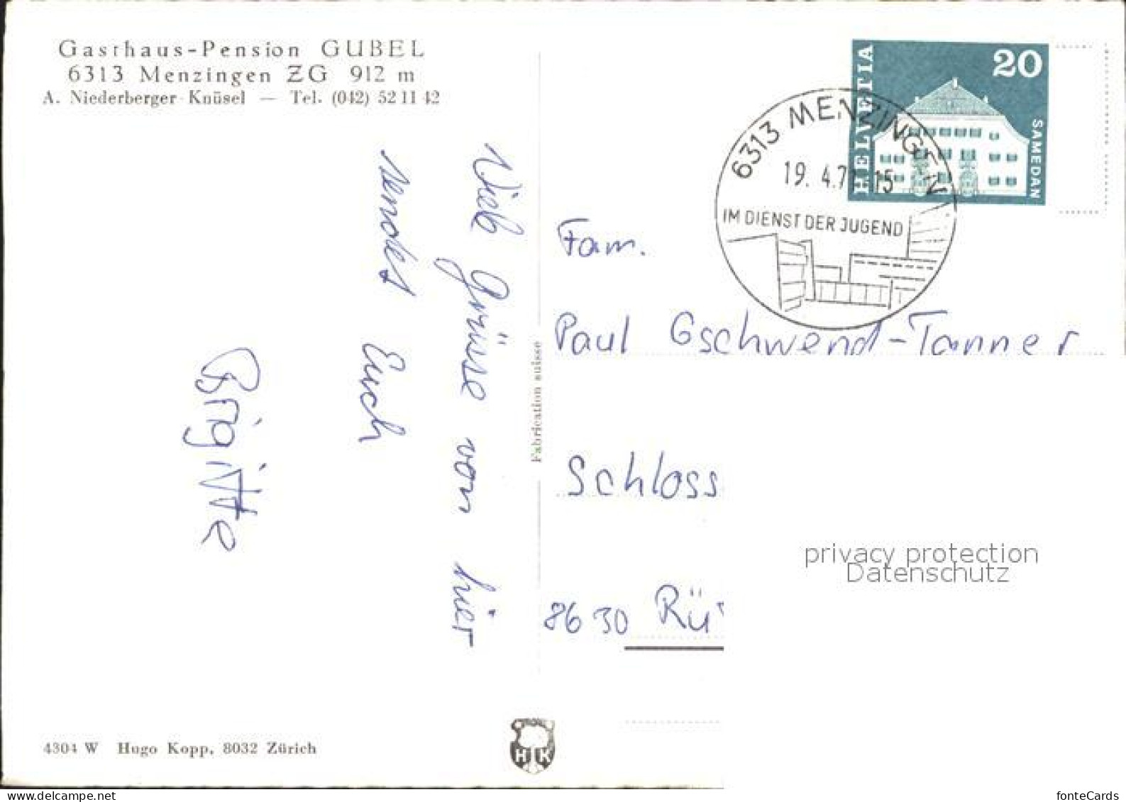 11654876 Menzingen Zug Gasthaus Pension Gubel Kirche Menzingen - Other & Unclassified