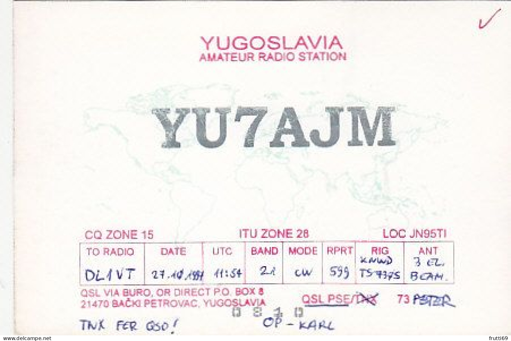 AK 210527 QSL - Yugoslavia - Backi Petrovac - Radio Amatoriale