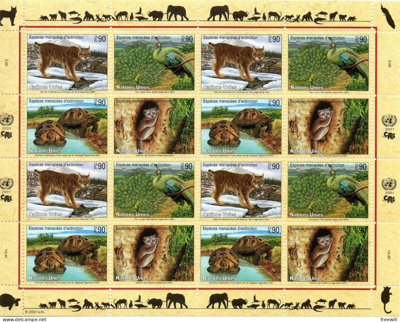 Nations Unies United Nations : Espèces Menacées- Endangered Animals 2001  XXX - Blocks & Sheetlets