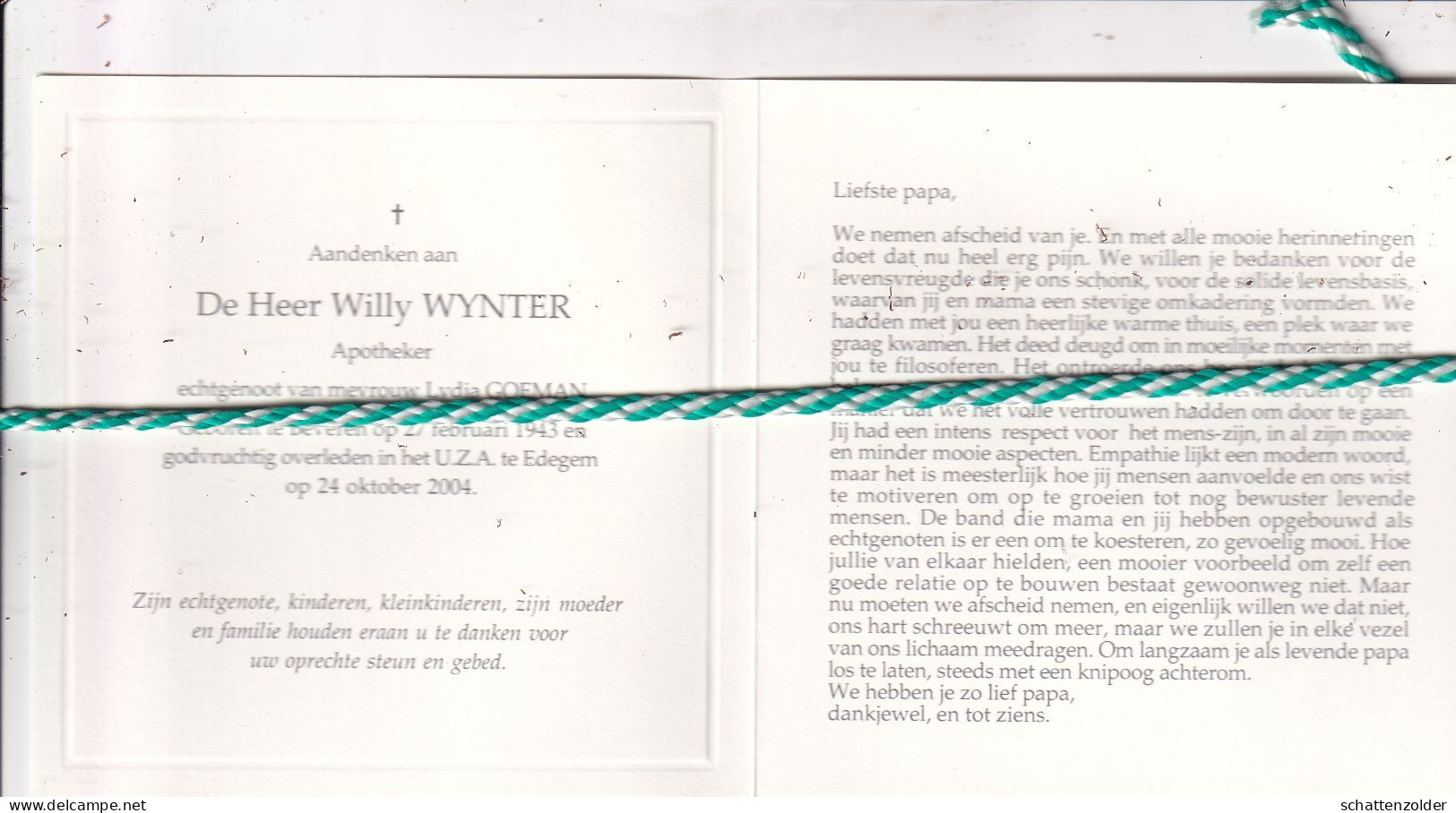 Willy Wynter-Goeman, Beveren 1943, Edegem 2004. Apotheker - Esquela