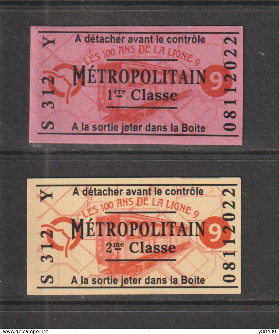 2 Tickets Collector Du MÉTROPOLITAIN De PARIS - Les 100 Ans De La Ligne 9 - 1ère Et 2 ème Classe - Face & Dos - Europa