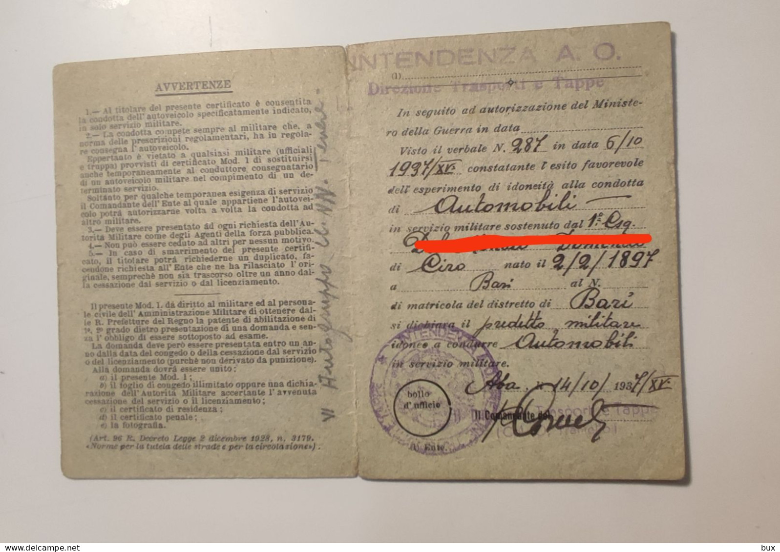 1937 Africa Orientale Italiana Ministero Della Guerra Certificato Di Idoneità Guida Autoveicolo Militare - Historical Documents