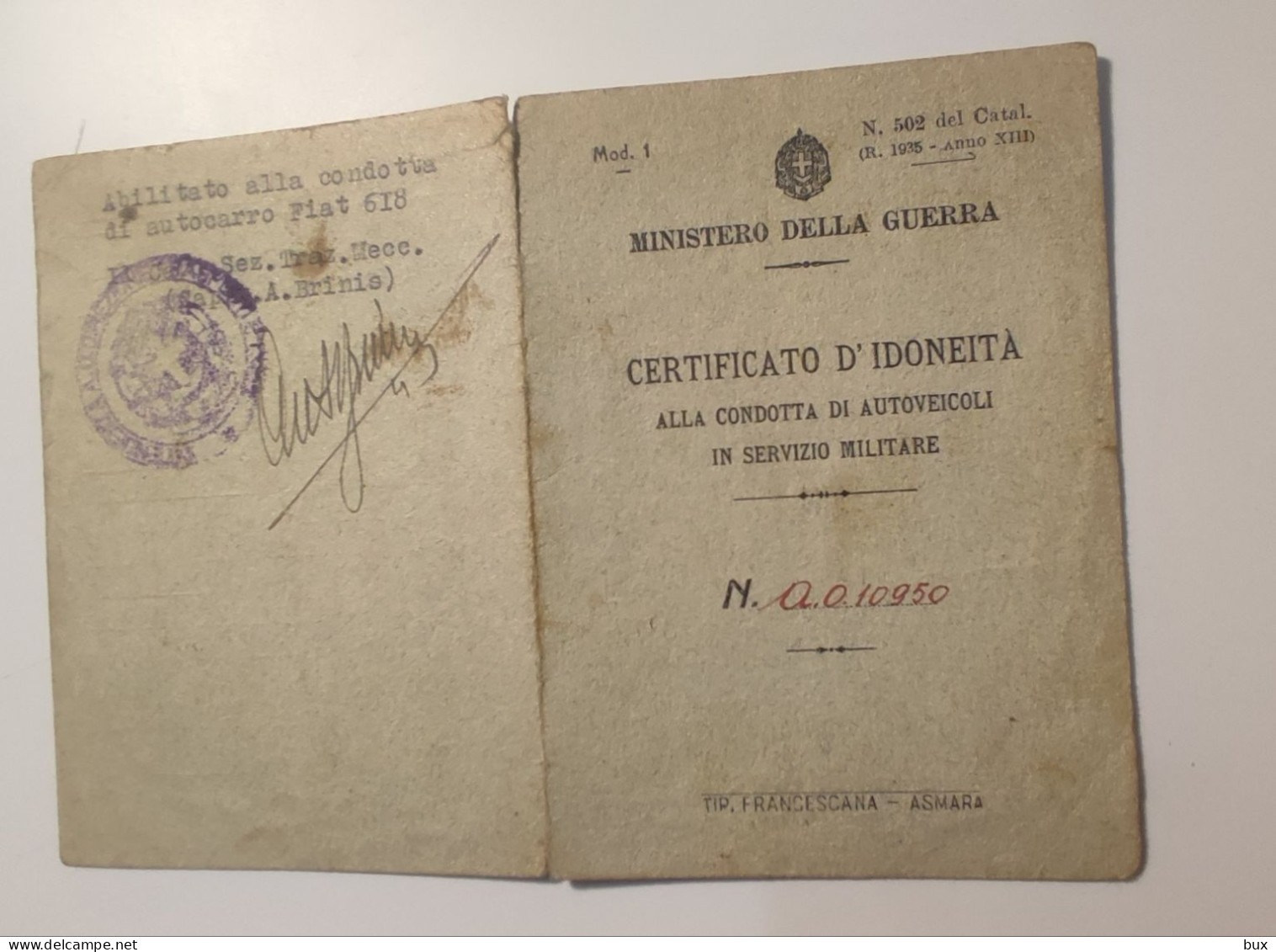 1937 Africa Orientale Italiana Ministero Della Guerra Certificato Di Idoneità Guida Autoveicolo Militare - Historical Documents