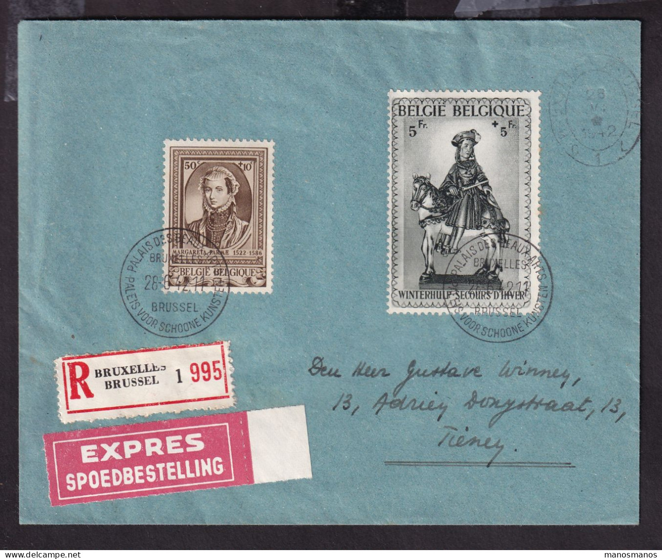 223/41 - Enveloppe Recommandée  Expres BRUXELLES Beaux-Arts 1942 Vers TIENEN - TP St Martin 5 F - Guerra 40 – 45 (Cartas & Documentos)