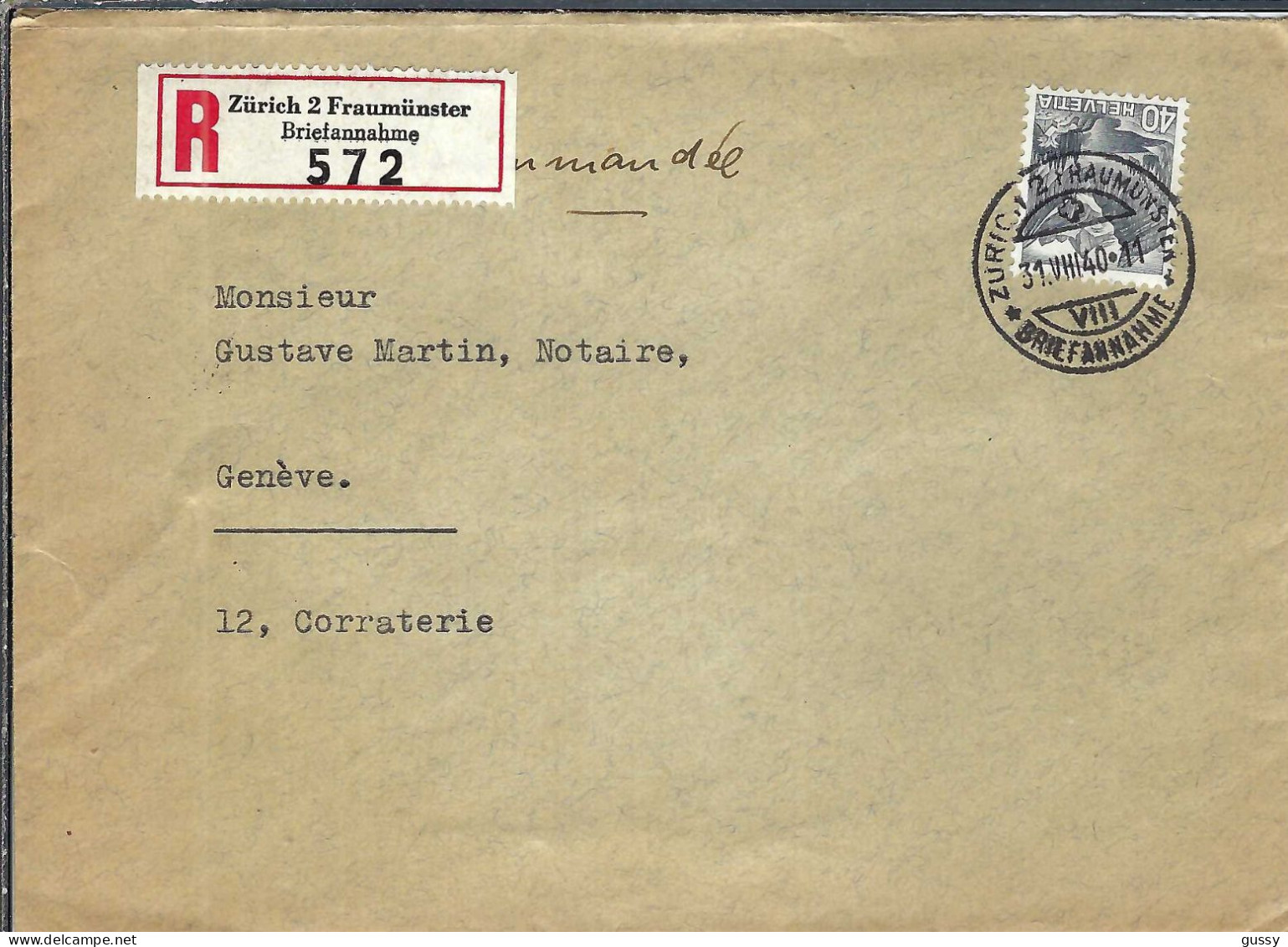 SUISSE 1940: LSC Rec. De Zürich Pour Genève - Cartas & Documentos