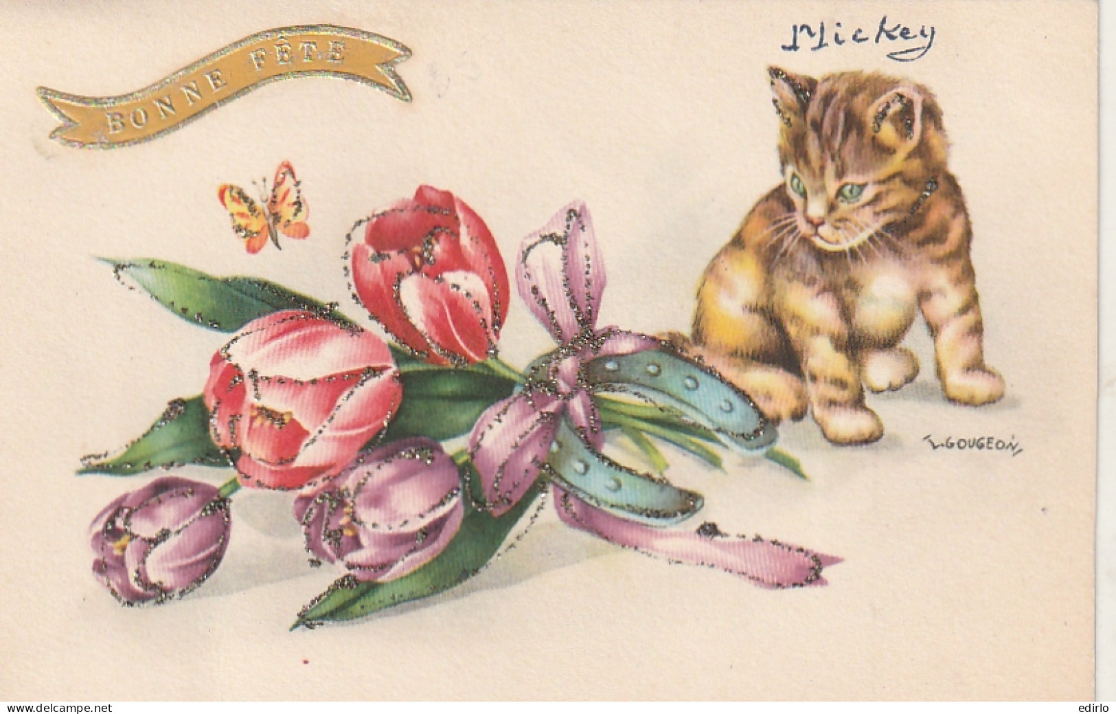  ***  CHATS *** CHATTS CHATONS  --  Par Illustrateur - Gougeon - Chat Et Tulipes  - Cats