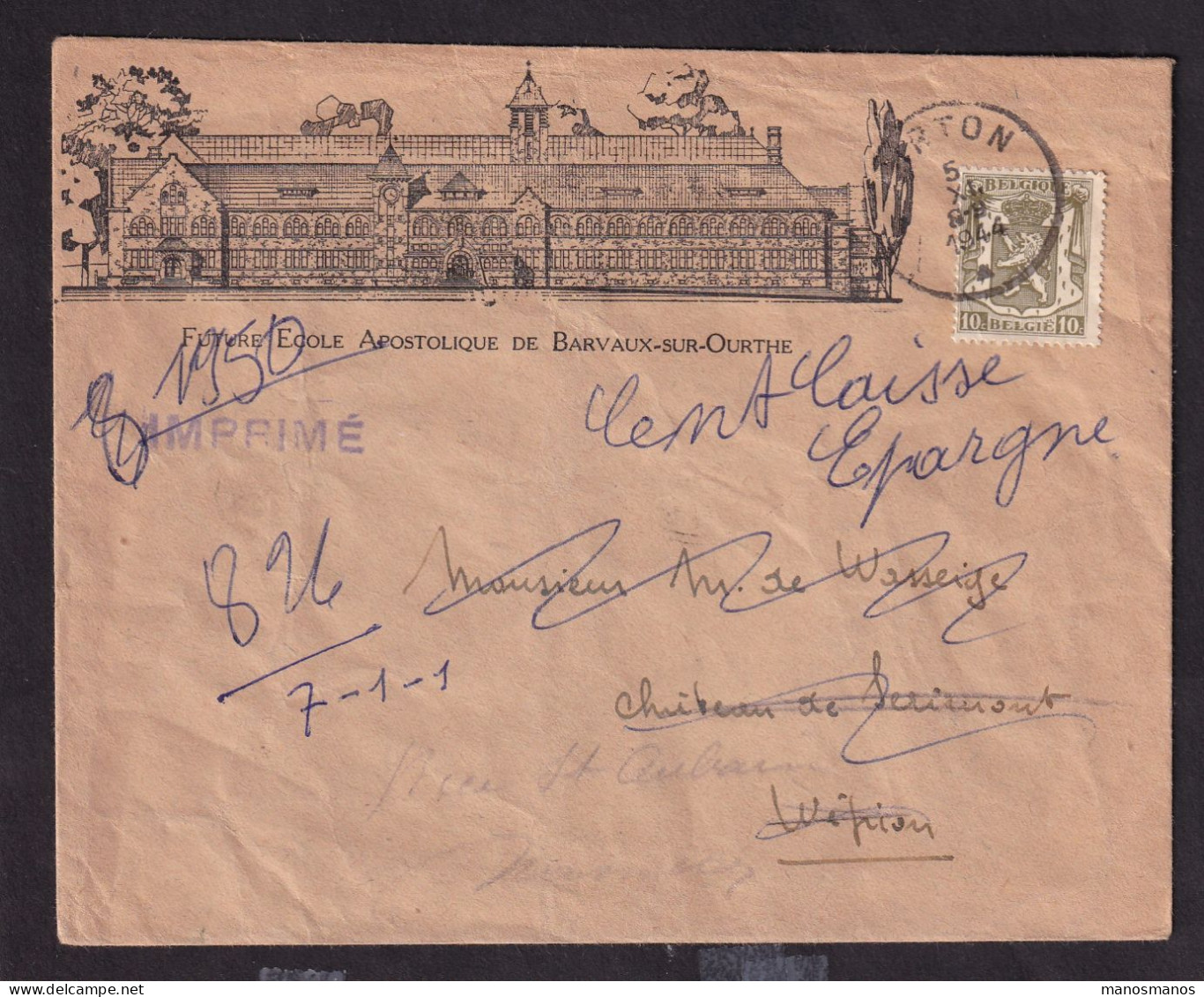 224/41 - Enveloppe Illustrée TP Petit Sceau VIRTON 1944 - Future Ecole Apostolique De BARVAUX Sur OURTHE - 1935-1949 Petit Sceau De L'Etat