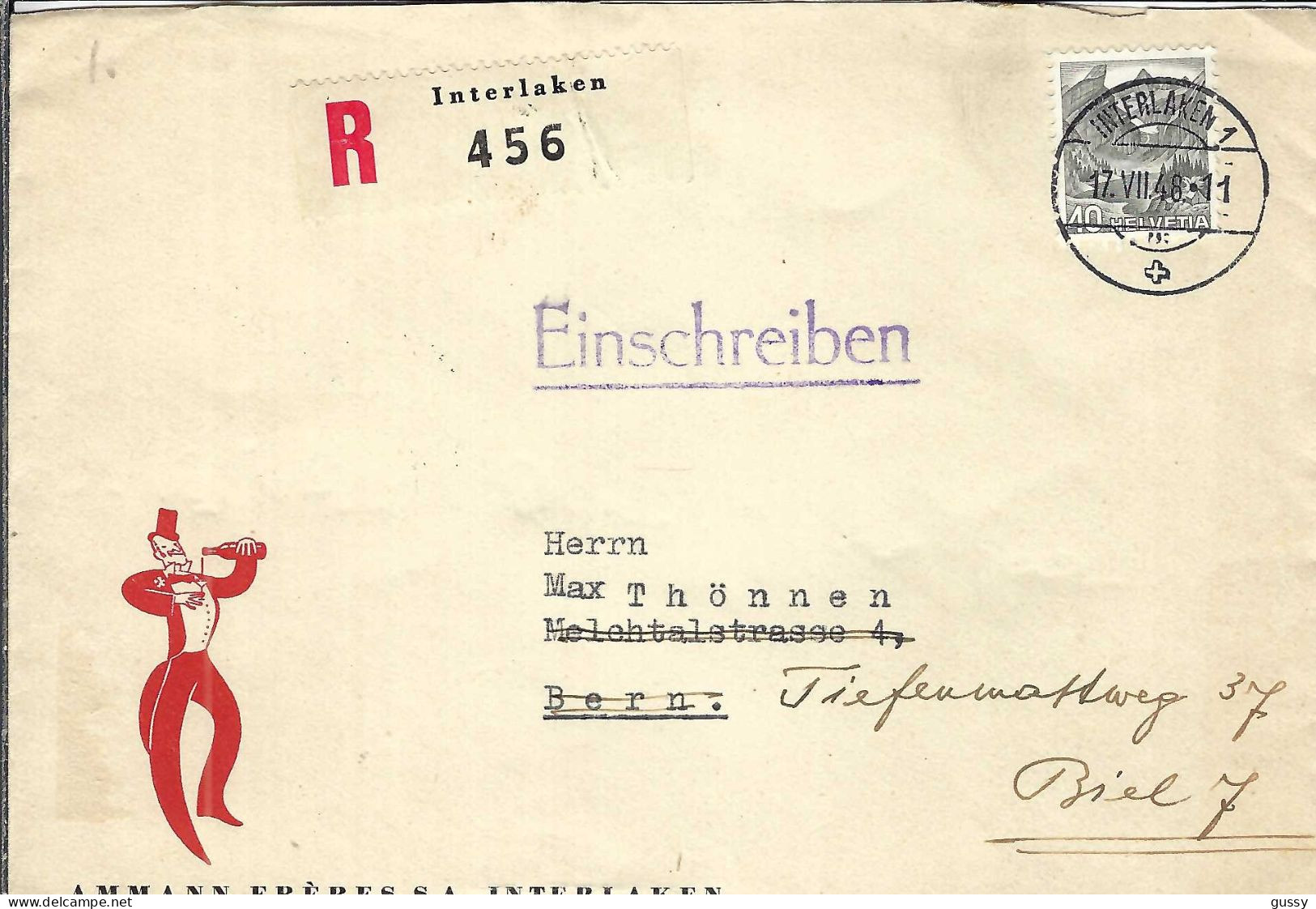 SUISSE 1948: LSC Rec. De Interlaken Pour Bern, Puis Biel - Covers & Documents