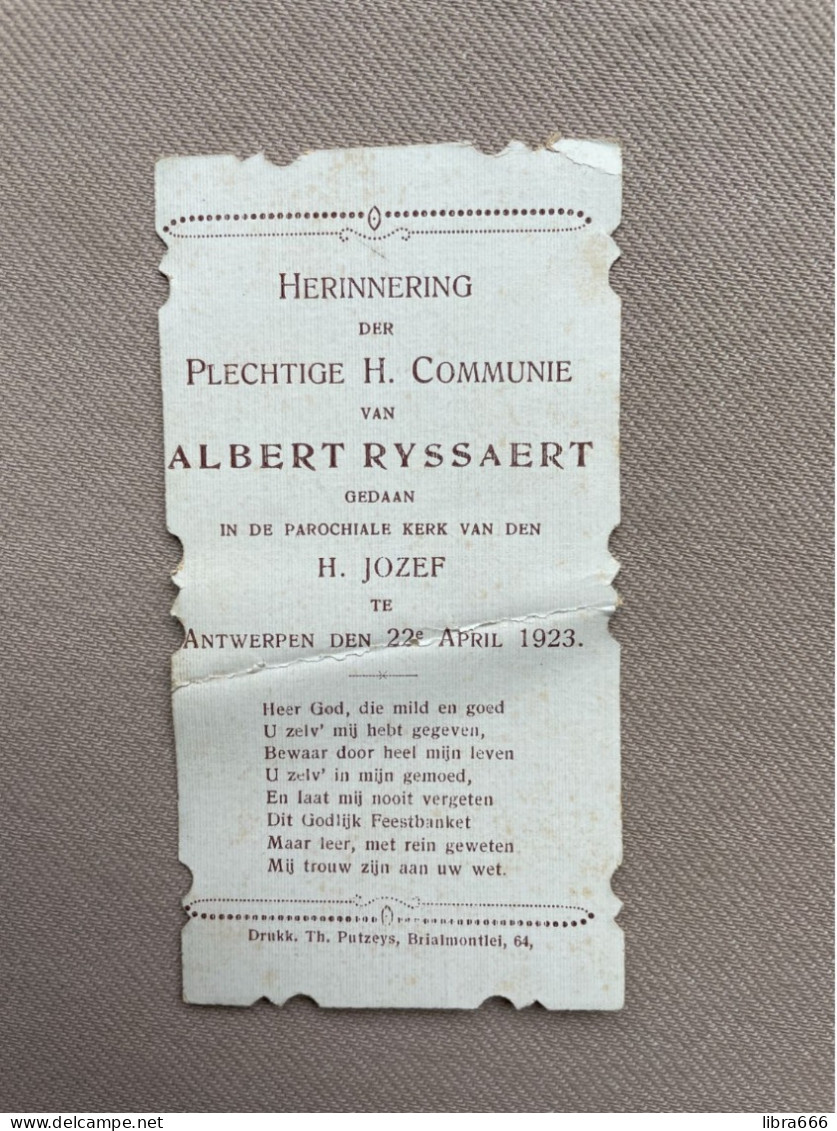 Communie - RYSSAERT Albert - 1923 - H. Jozef - ANTWERPEN - Communie
