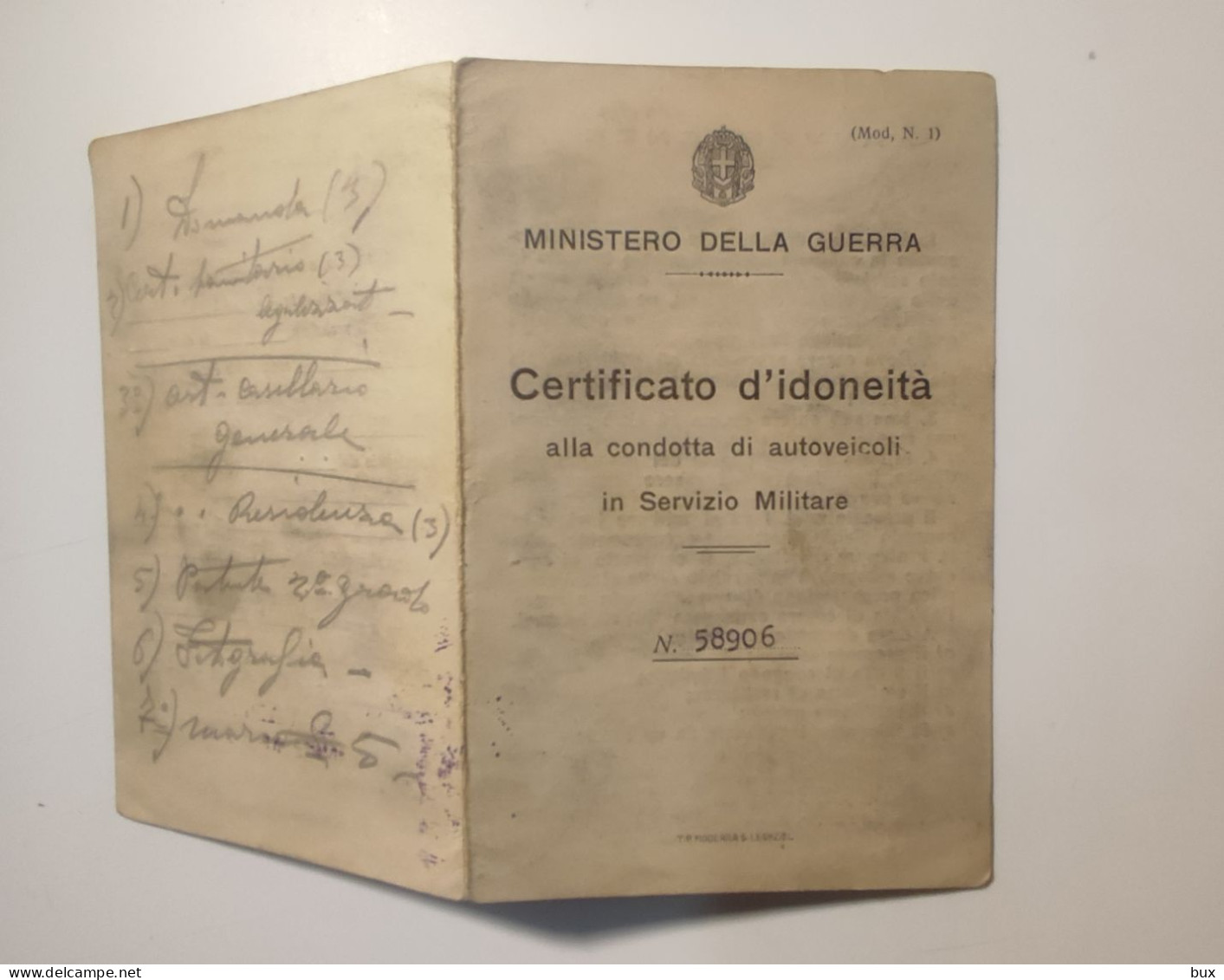 1931 Bengasi Cirenaica Aoi Di Barletta Africa Orientale Italiana Certificato Di Idoneità Guida Autoveicolo Militare - Historical Documents
