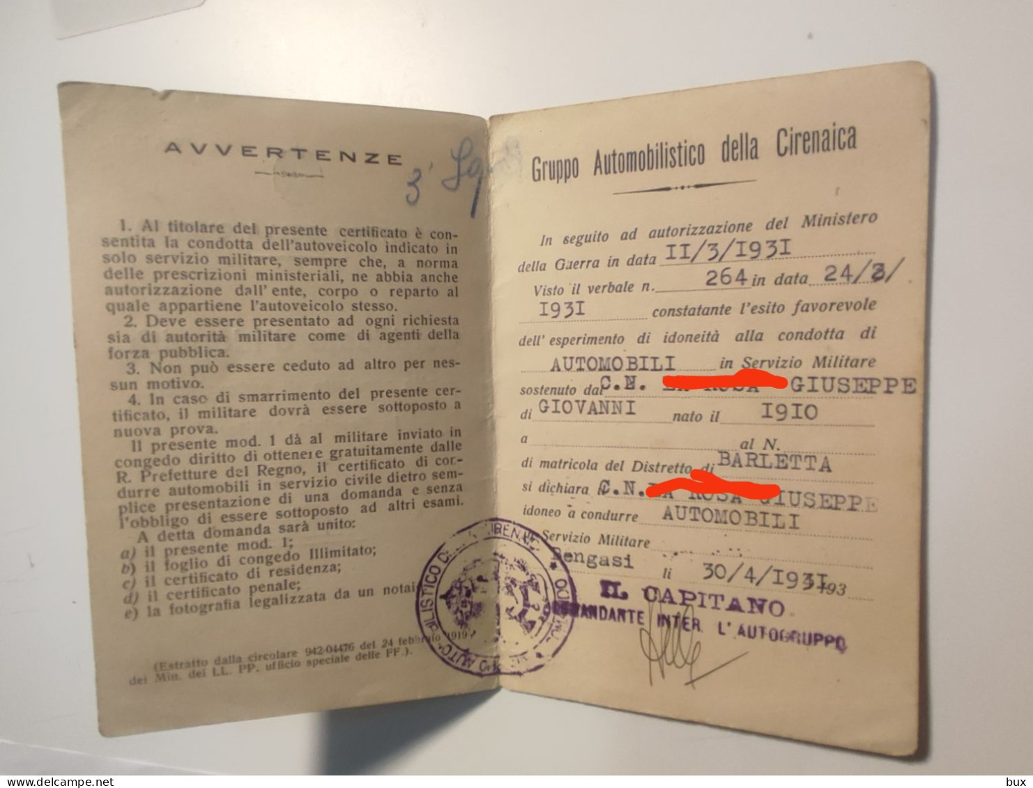 1931 Bengasi Cirenaica Aoi Di Barletta Africa Orientale Italiana Certificato Di Idoneità Guida Autoveicolo Militare - Historical Documents