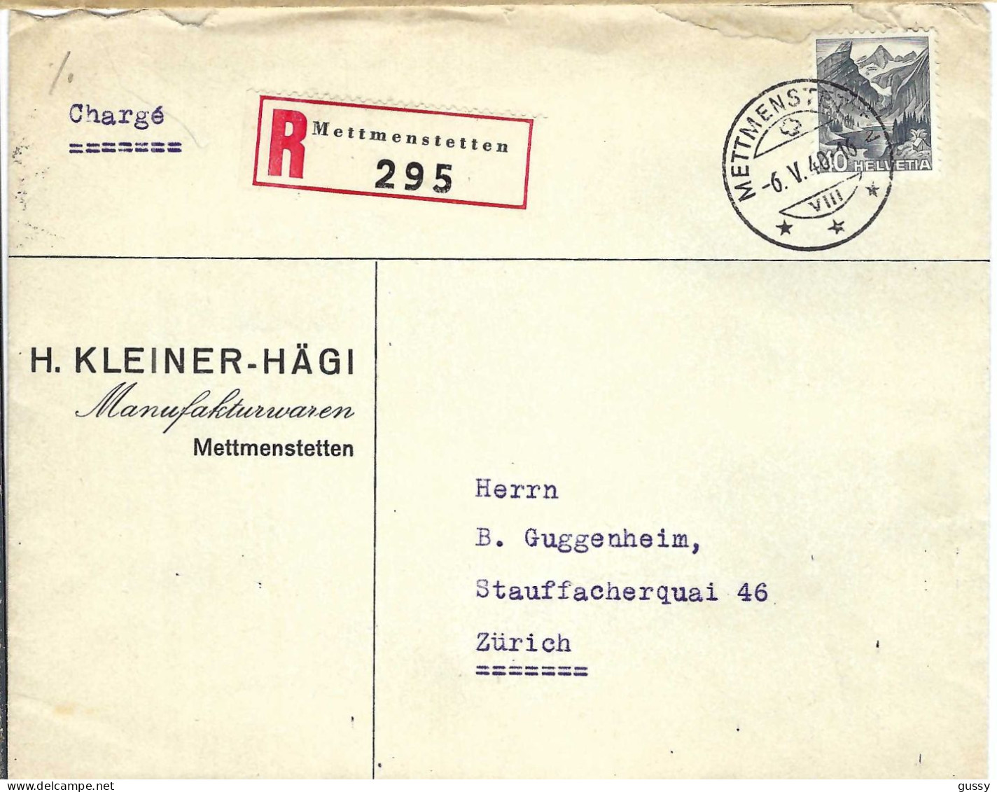 SUISSE 1940: LSC Rec. De Mettmenstetten Pour Zürich - Brieven En Documenten